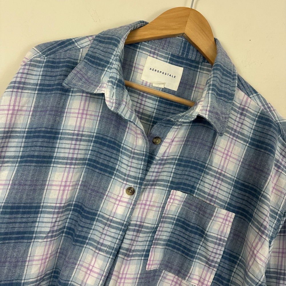 Aeropostale Flannel Shirt Blue Plaid Button Up Pleated Long Sleeve Womens Medium
